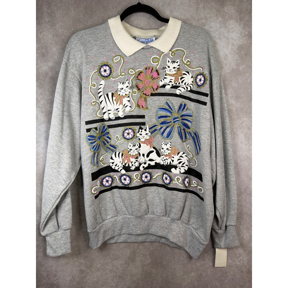 NWT VTG 90s‎ Karen Blake Sweatshirt Womens Medium Grey  Cat Puff Graphic Glitter